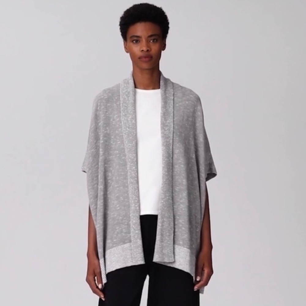 Eileen Fisher Organic Cotton Linen Slub Cardigan Open‎ Front Sleeveless Poncho
